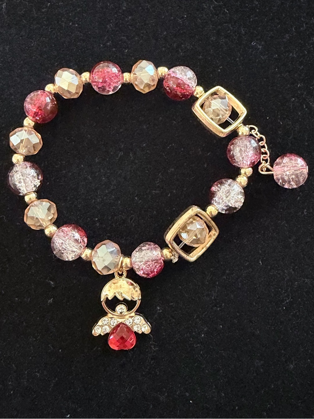 Gold-Tone Pink/Red Crystal Bead Bracelet with Angel Charm